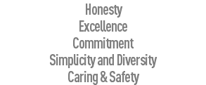 Honesty
Excellence
Commitment
Simplicity and Diversity
Caring & Safety